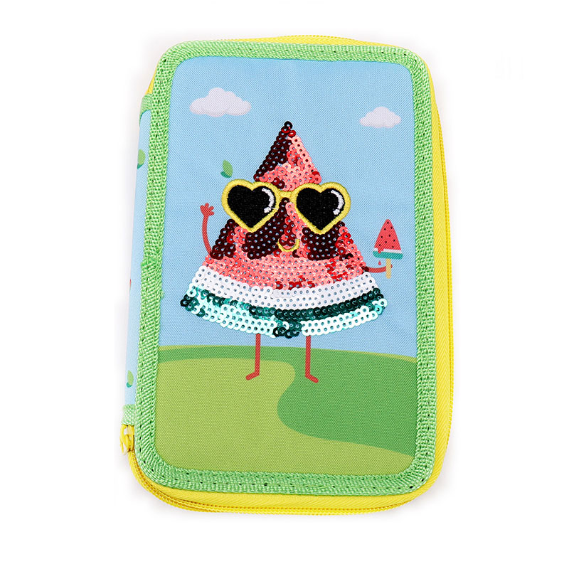 Sequin Embroidery Printed Watermelon Double Zippers Pencil Case